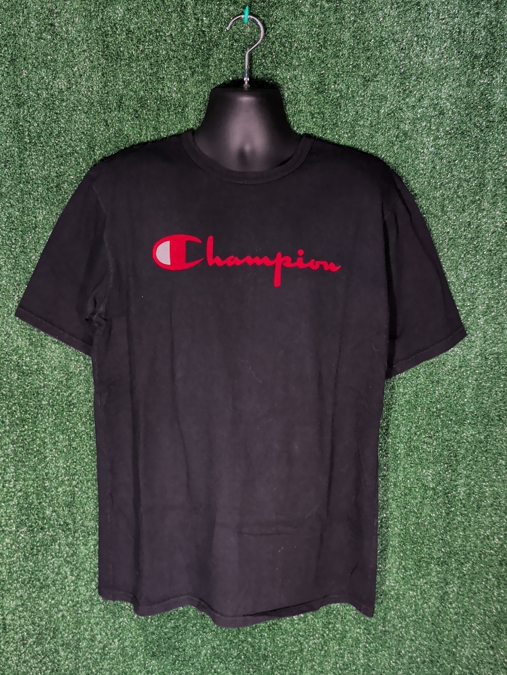 Champion Black Short-Sleeve Tee with Red Script Logo Size XL